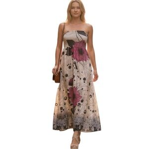 Lapis Strapless Smocked Dress with Pink Floral Design One Size